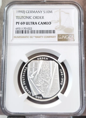 1990 GERMANY SILVER 10 MARK TEUTONIC ORDER NGC PF 69 ULTRA CAMEO RARE TOP POP