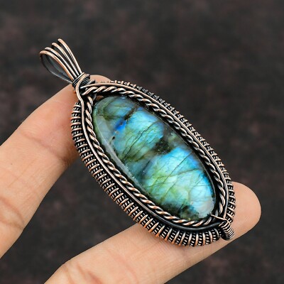 Labradorite Wire Wrapped Pendant Handcrafted Copper Holiday Jewelry 3.03''
