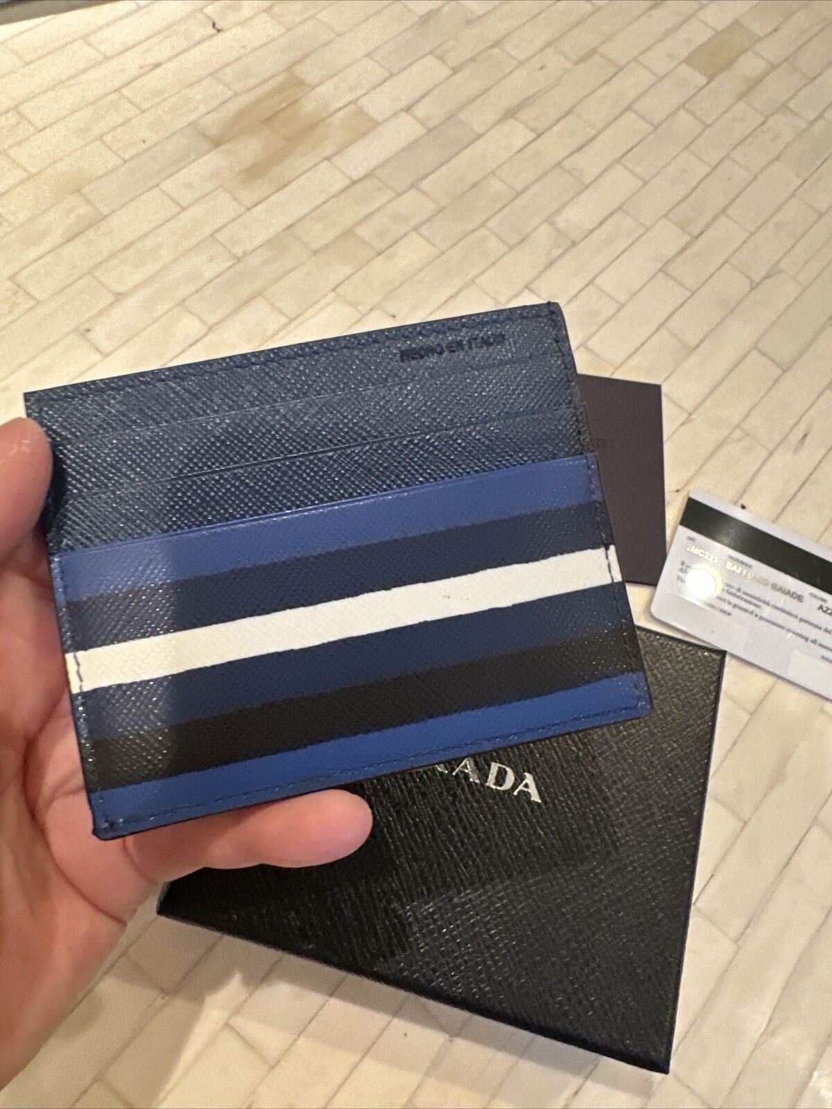 NWT Men's Prada Saffiano Baide Leather Card Holder in Blue/Stripes Wallet