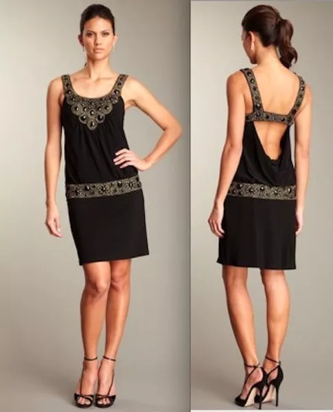 Sue Wong Beaded Blouson Black Stretch Cut Out Cowl Back Cocktail
