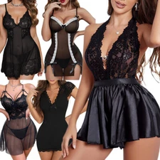 Sexy Women Lingerie Black Lace Dress G-string Underwear Babydoll Sleepwear Gift