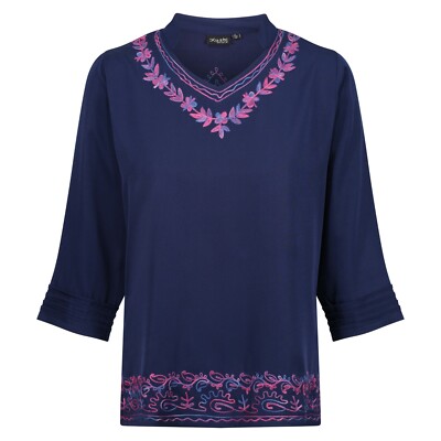 Marineblau Boho Top Blumen bestickt Tunika Bluse Brandneu mit Etikett Kushi Hippie Festival