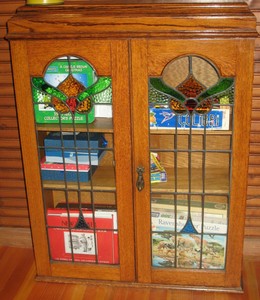 Details About Antique Vintage Arts Crafts Wooden Bookcase Shelf With Stained Glass Doors