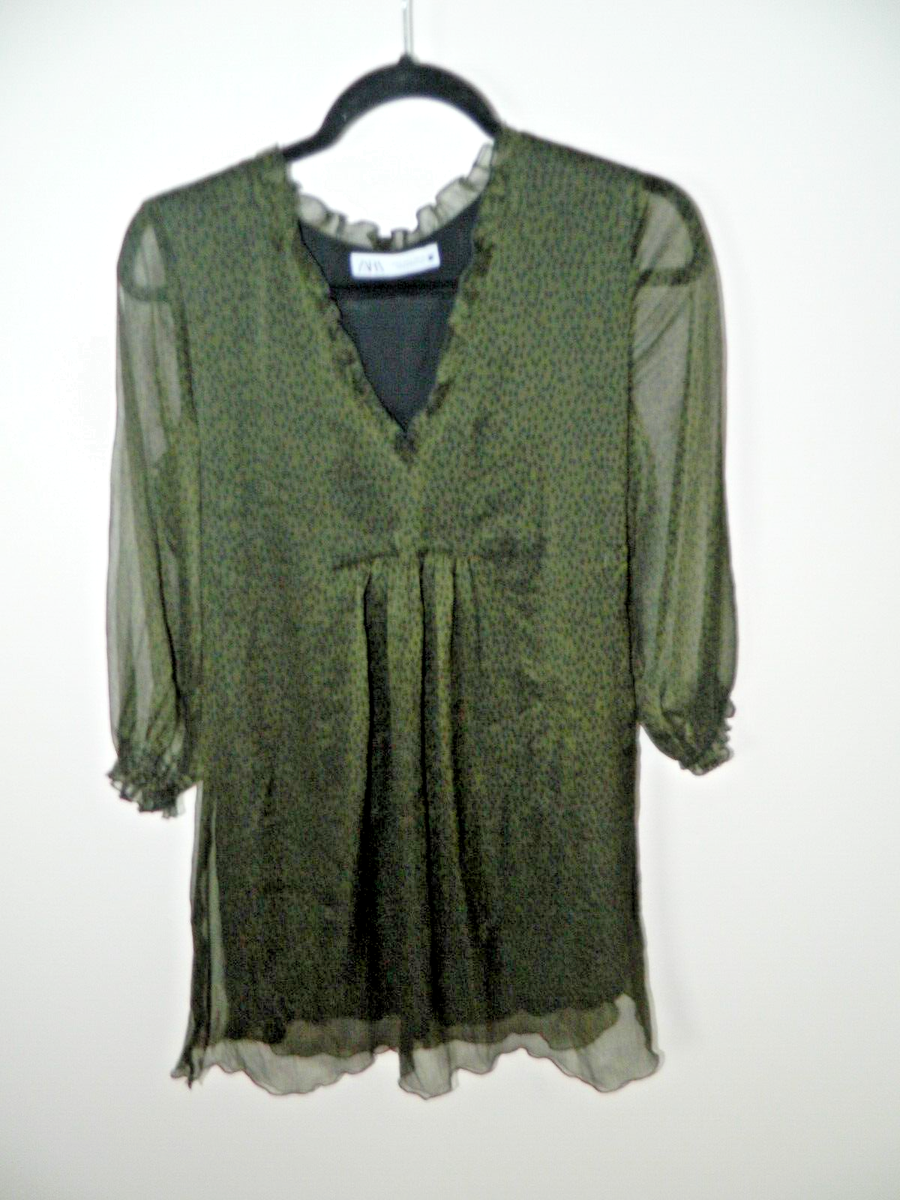 Zara Dress Size Small Green Animal Print Ruffle Detail Sheer Long Sleeve  Mini | eBay