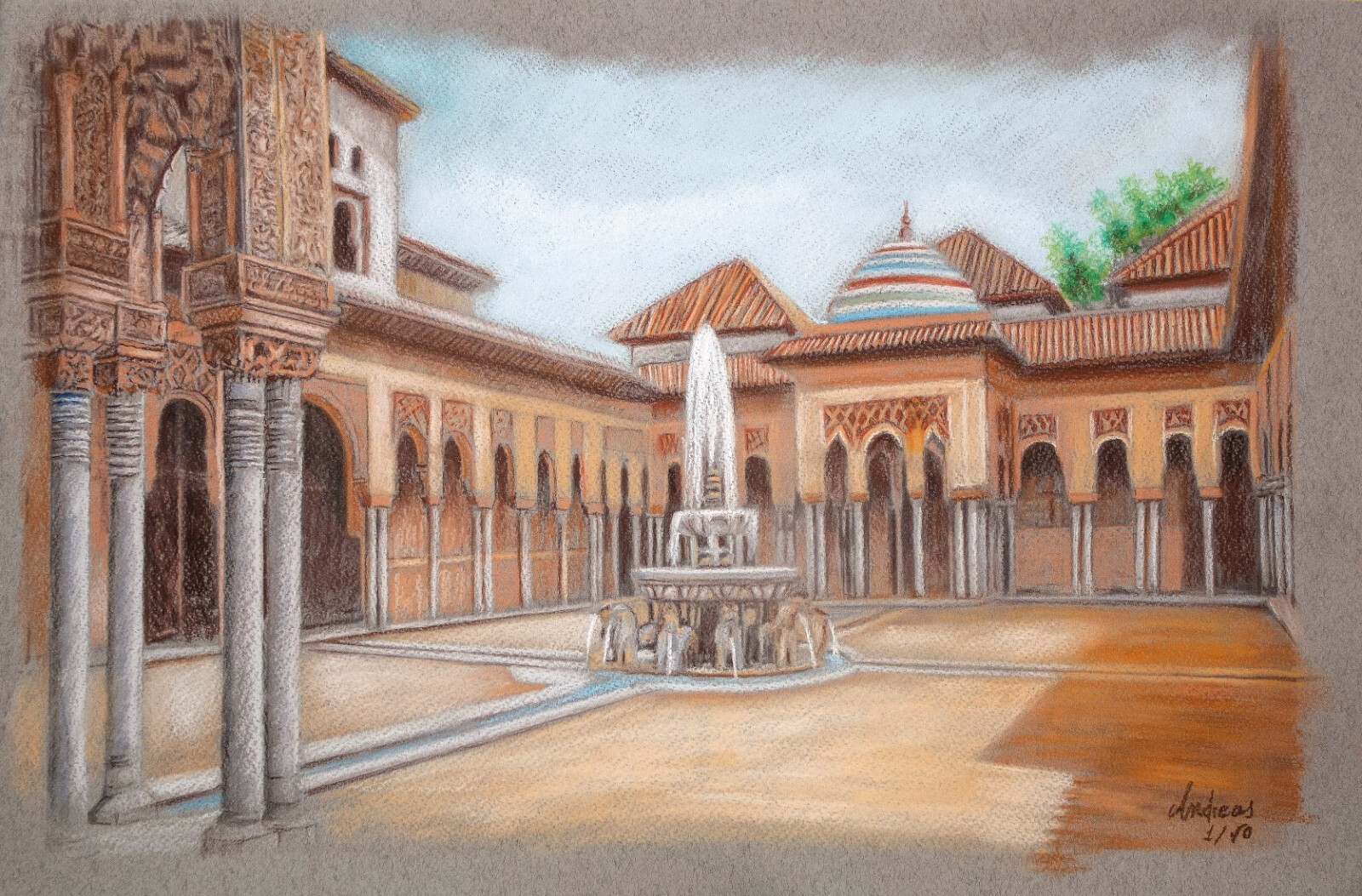 Dibujo de la Alhambra. Patio de los Leones. Cuadro Alhambra. Pintura Alhambra.