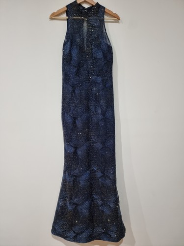 BARIANO Dress AUS10 US6 Maxi Blue Mermaid Hem Metallic Leaf Fishtail Gown