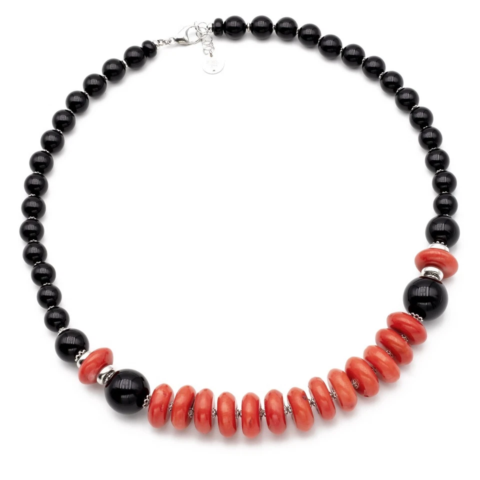 Collana in Onice nero e Corallo rosso girocollo in pietre dure e Argento 925 - Immagine 2 di 4