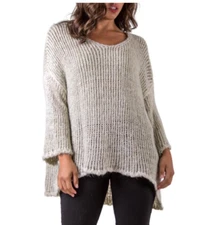 GIGI MODA AMPIO GRAY WHITE FUZZY KNIT SWEATER, GOLD METALLIC THREAD, OVERSIZE