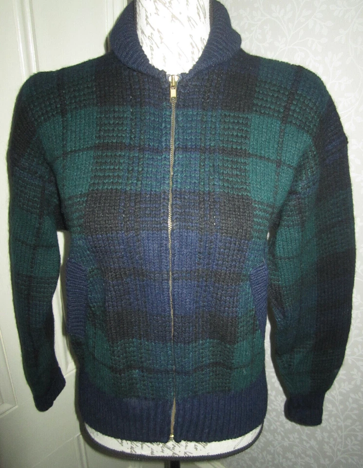 Suéter De Colección Ralph Lauren Azul Marino y Verde Lana A Cuadros Cremallera Frontal, Damas Talla S