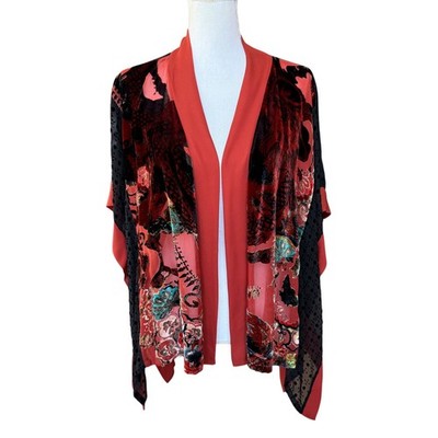 Harari Silk Rayon Burnout Velvet Kimono Wrap Red Black Floral Dragon One Size