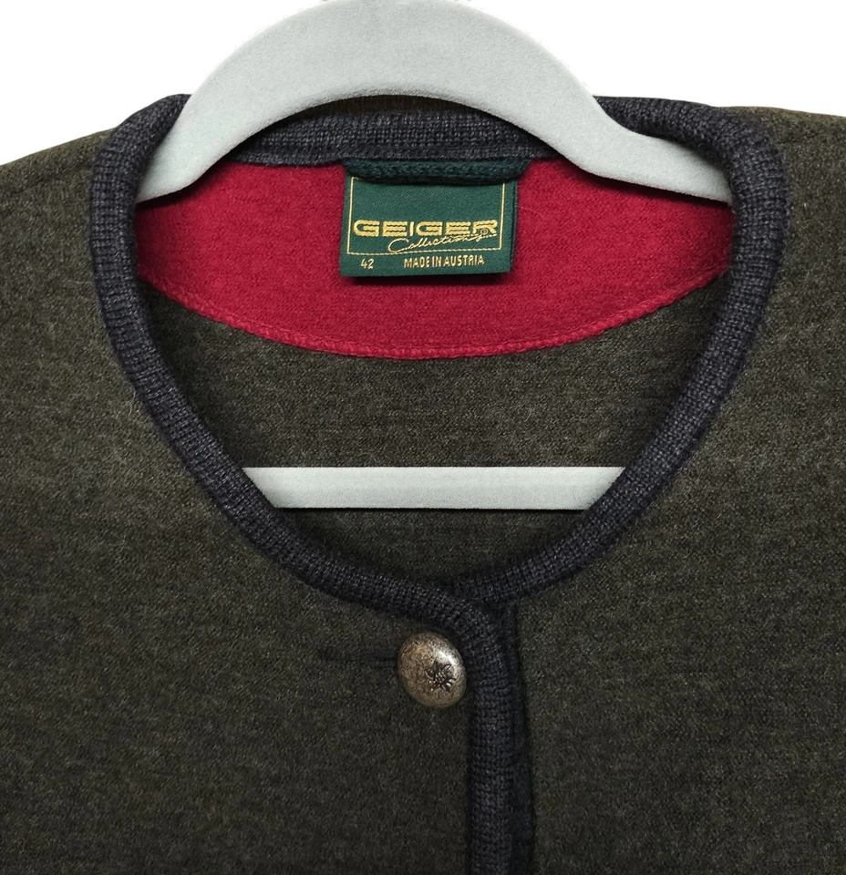 Cárdigan Suéter GEIGER De Colección Tirol Lana Pura Hervida Botón Verde Para Mujer 42 Foto 3 de 4