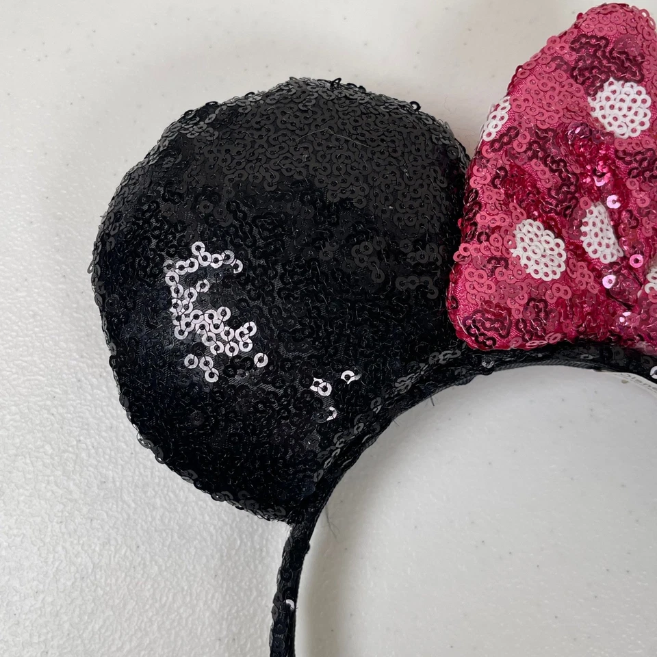 Diadema Disney Minnie Mouse Lentejuelas Orejas Negro Rosa Lunares Lazo Clásico Foto 3 de 4