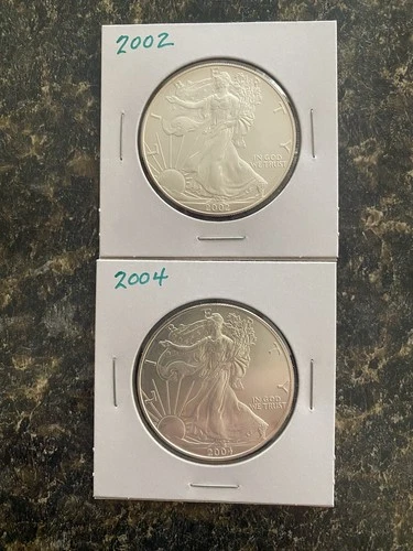 Vintage American Silver Eagle $1 Coins (lot Of 2): 2002 & 2004 UNC .999 Silver