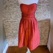Jenny Yoo 100% Silk Coral Orange Strapless Ruched Waist Cocktail Dress Sz 8