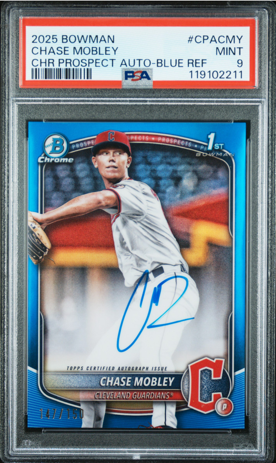 2025 Bowman Chase Mobley Chrome Auto TRUE Blue Refractor 1st #d /150 PSA 9