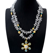 Collar 2 Filas Cuarzo Transparente Moneda Perla Jade Flor Colgante Piedra Natural