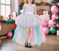 Girls Fairy Princess Tutu Dress Hi-Low Multi Color Birthday Costume Pink Gold