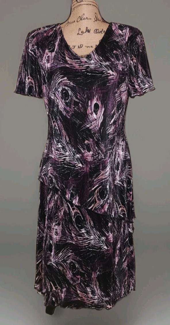 Connected Apparel - Vestido de pluma de pavo real púrpura brillante en capas - Para mujer talla 10