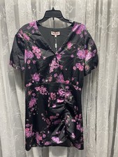 Leyden Womens  Dress Mini Floral Short Sleeve Ruched Dress Black Purple XL