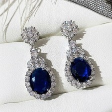 3Ct Oval Cut Lab Created Sapphire Halo Drop/Dangle Earrings White Gold Plated