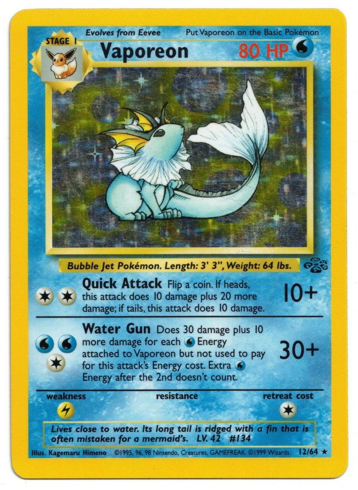 Pokemon Card: Vaporeon HOLO 12/64 Jungle Set Vintage Rare! EX