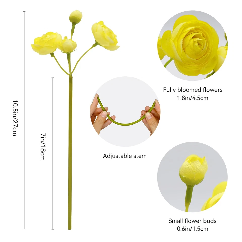 24 Pcs Ranunculus Yellow Artificial Flowers 10.5", Mini Faux Silk Ranunculus ... - Image 2 of 4
