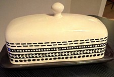 Ceramic Covered Butter Dish with Lid, White/Black Geometric Pattern, 7x4in