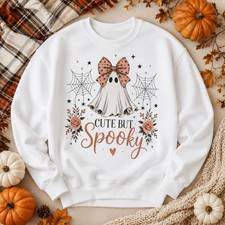 Cute But Spooky Halloween Sweatshirt Hoodie Ghost Bow Spider Web Fall Graphic