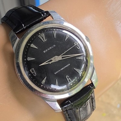 Vintage BENRUS Shock-Absorber men's manual wind watch Black dial