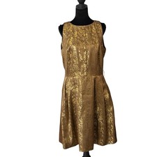Chetta B Silk Gold Metallic Floral Brocade Fit Flare Dress Size 12 Sleeveless
