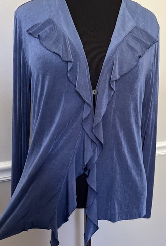 Chico's Travelers Pant Suit Women's Size 2 US Large Blue Knit Slinky Ruffles - Picture 9 of 12