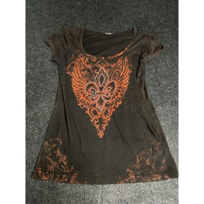 2Unik Y2K Graphic Tee Black Orange Fleur De Lis Rhinestone Wings Shirt Medium