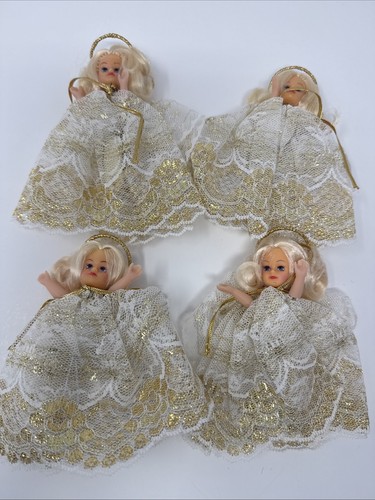 4 Vintage Doll Head Homemade Ornaments Angels Rubber Face Girls Lace Ribbon