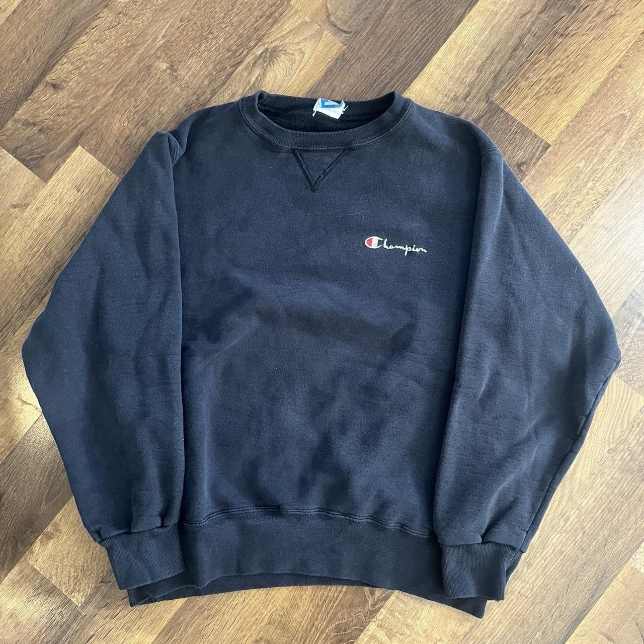 Vintage 90s Champion Sweatshirt Script Logo Crewneck Faded Black USA Made Sz L