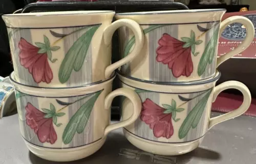 Lenox Chinastone Poppies on Blue Flat Tea Coffee Cup Set Of 4 NEW