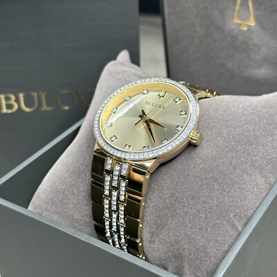 NEW✓GIFT SET✓ Bulova Crystal Gold Tone Diamond Dial Men's Watch