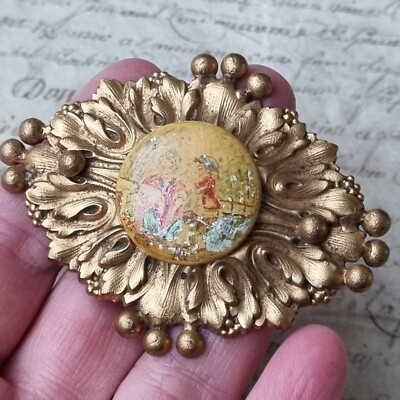 Große antike Brosche Messing vergoldet Miniatur bemalt Big Brass Gilded Brooch