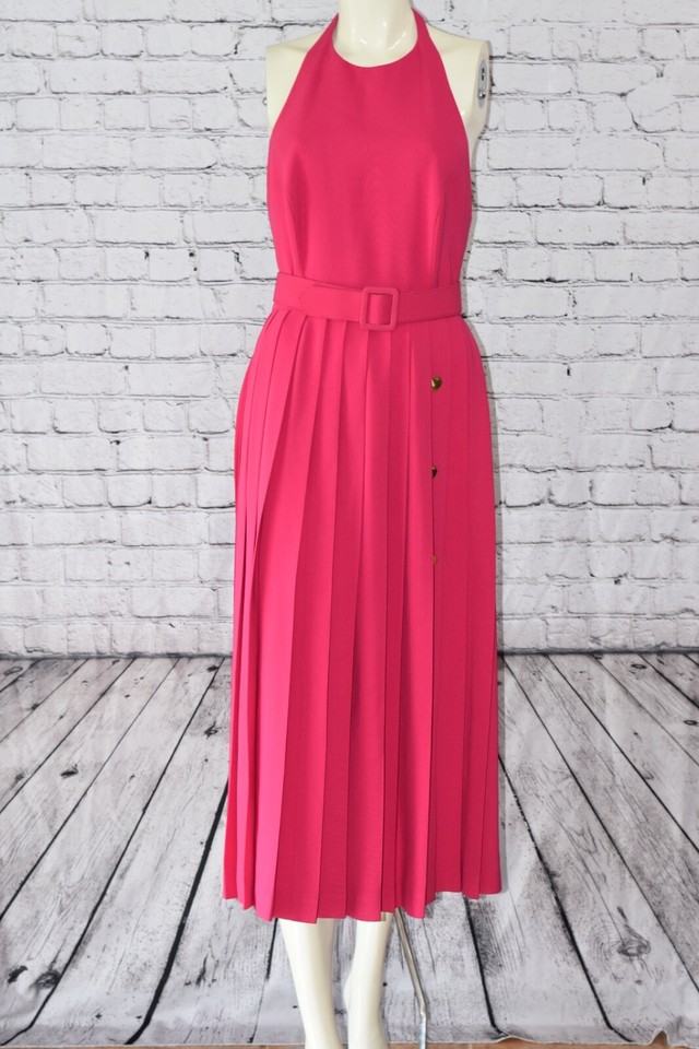 Vintage BILL BLASS Women Bright Pink Fuchsia Halter Pleated Midi Dress
