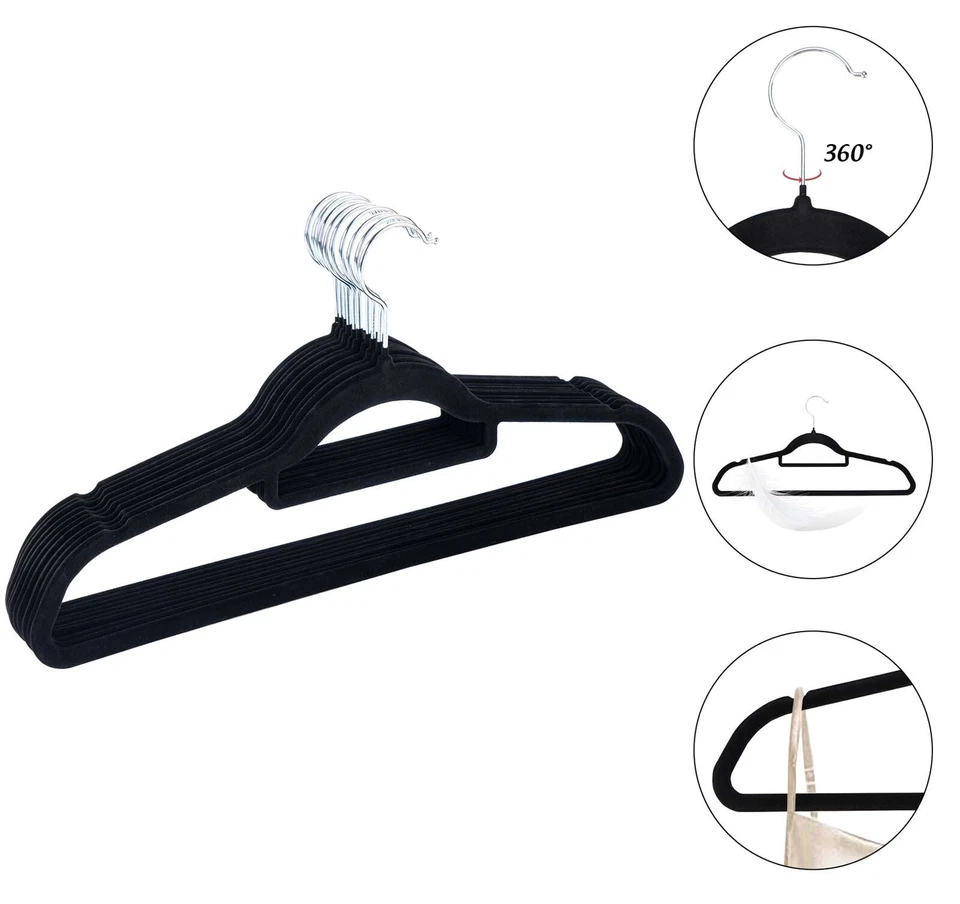 10-100er Kleiderbügel Samt Schwarz mit Steg Anti Rutsch Hemdenbügel Wäschebügel - Bild 4 von 4