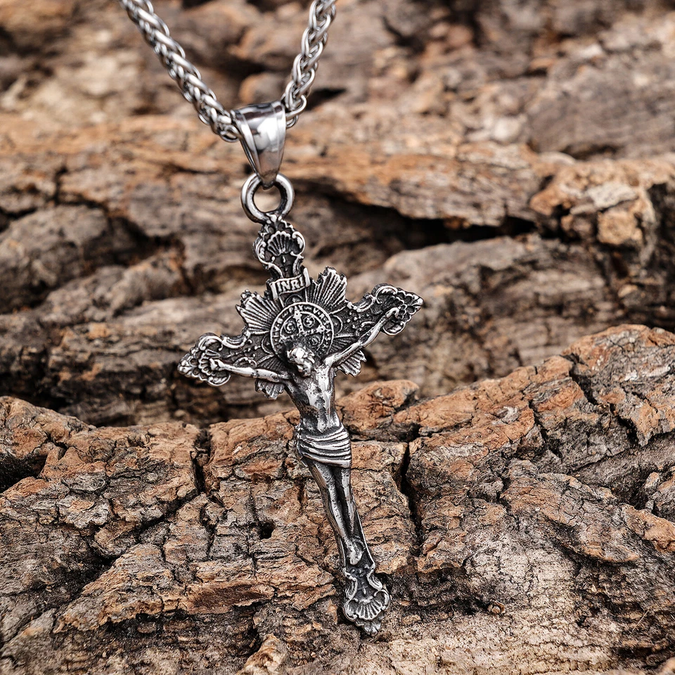 Collar Colgante Cruz Crucifijo Cara Jesucristo INRI Acero Inoxidable Vintage Foto 4 de 4
