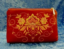 Golden Embroidery Leather Cosmetic Bag  "Success" Dark Red 425-1858