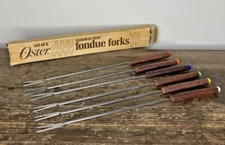 Vintage Set Of 6 Fondue Forks Oster Stainless Steel Teak Wood MCM Colored Tips
