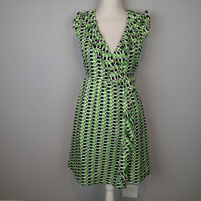 kate spade green gingham dress Silk Wrap Sz 0 White Blue Aubrey ruffle v neck sleeveless held by delicate straps