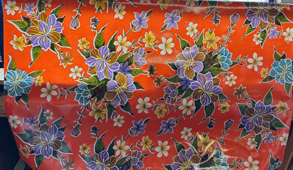 Oilcloth Fabric Tropical Hibiscus Orange Pattern Sold in Yard or Bolt - Image 2 of 2
