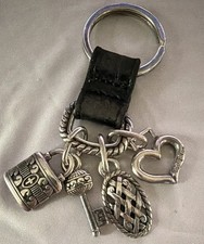 Silver Tone Metal Key Chain w/ Black Leather Strap Heart Charm Accents