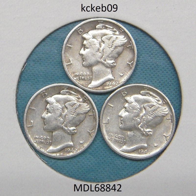 Mercury dime lot of 3, 1942-D, 1942-P, 1942-S.  90% silver coins