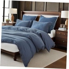 100 Linen Duvet Cover Set, 3 PCS Duvet Cover Size, King Classic Blue