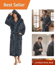 U2SKIIN Men's Hooded Bathrobe, Plush Robes, Men Long Fleece Large-XL - Dark Grey