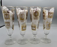 4 Vintage Libbey Tavern Design 8 1/2”H Footed Pilsner Beer Glasses  Gold/White