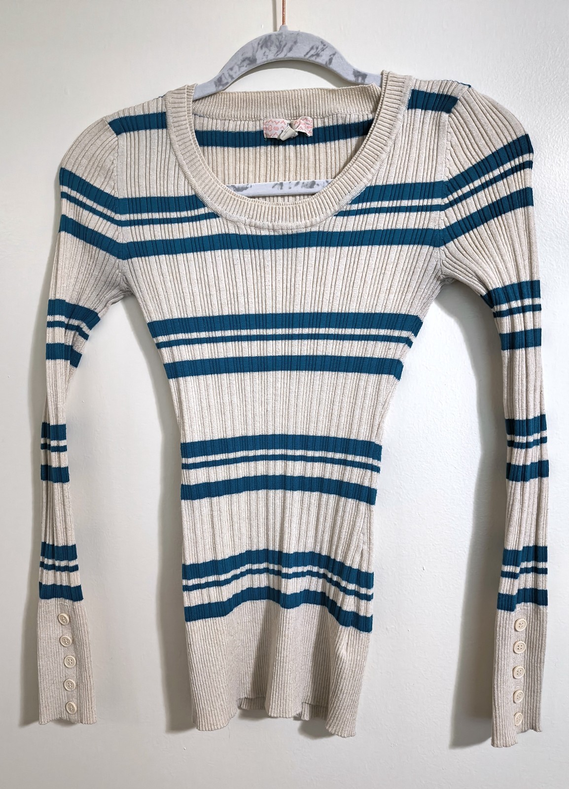 Junior's Y2k Pink Republic Slim Long Sleeve Ribbed Striped Sweater Size Medium